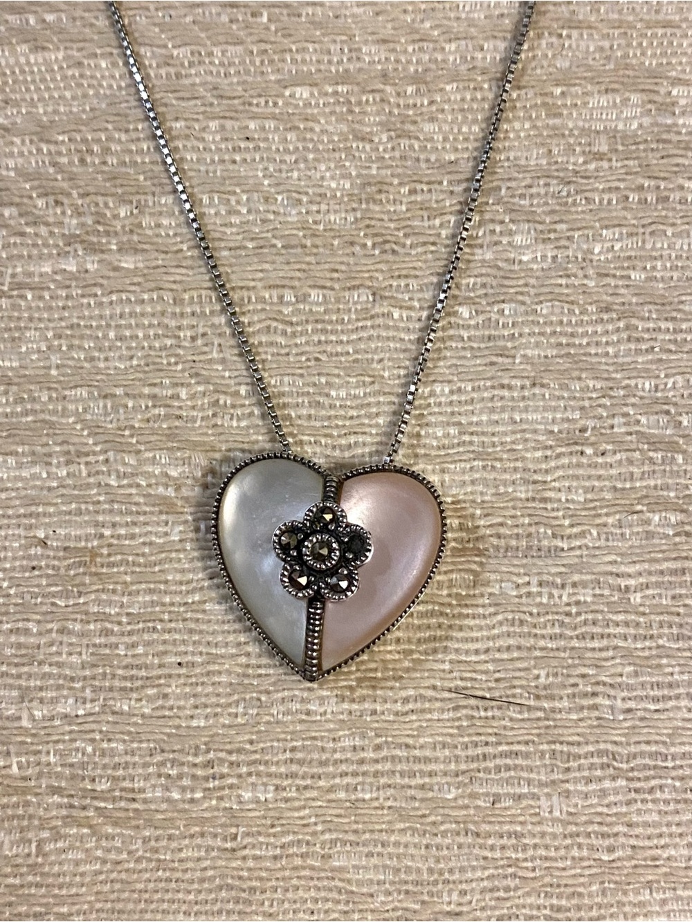 Vintage Sterling Silver Marcasite & Mother of Pearl Heart Necklace